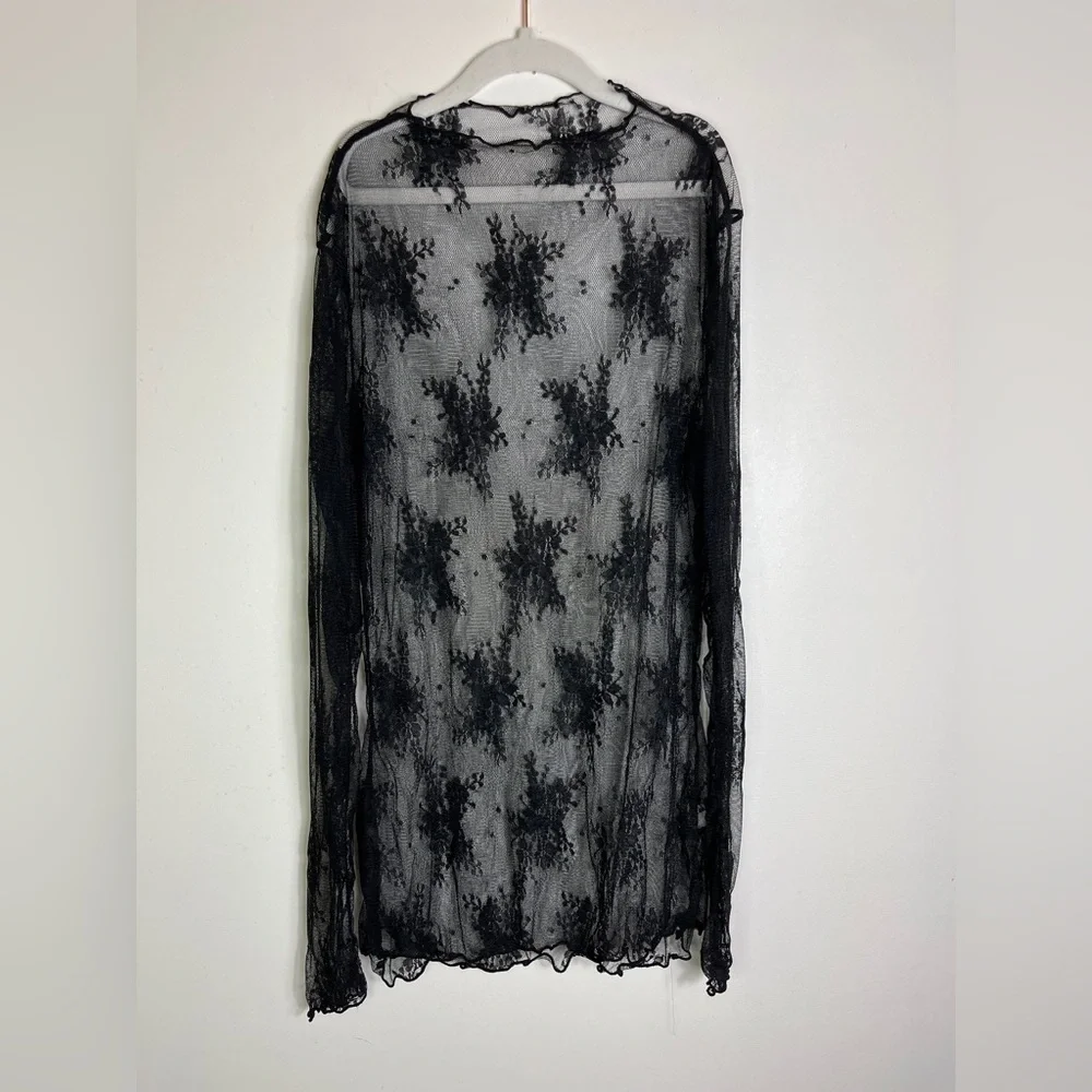 Sheer Mesh Floral Top Forest Fairy M Black Whimsigoth Lace Y2K Grunge Club Layer - Picture 8 of 9